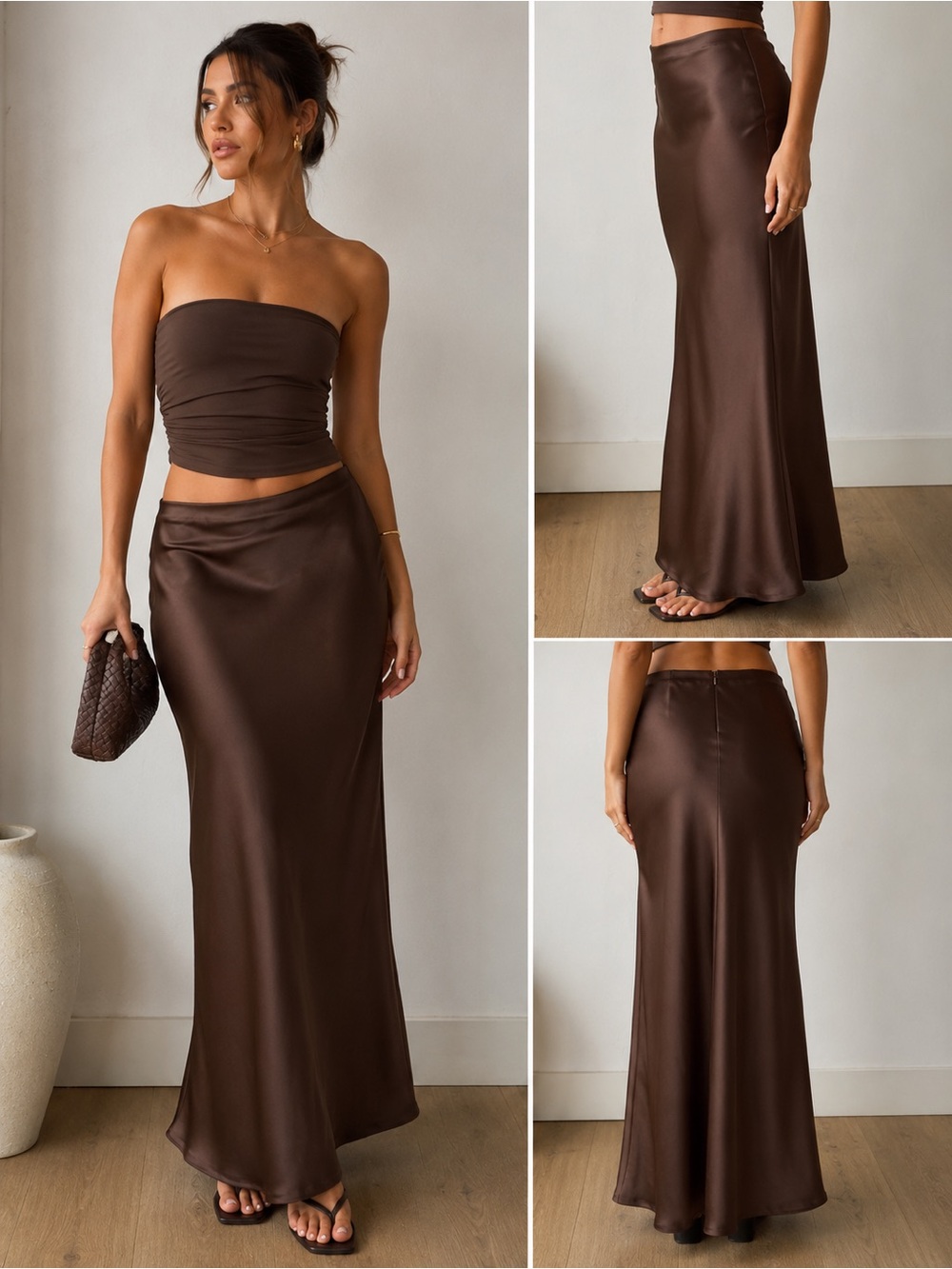 Lioness Satin Maxi Skirt in Chocolate Brown